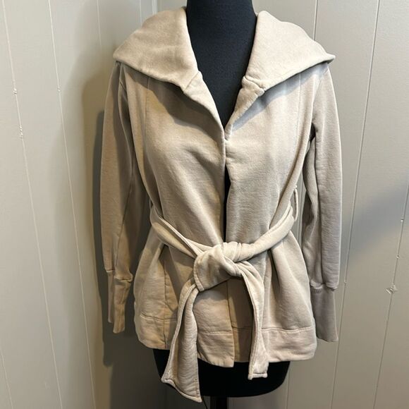 James Perse cement gray open tie belt hoodie sweatshirt/cardigan. Size 1 (small) - Picture 1 of 8